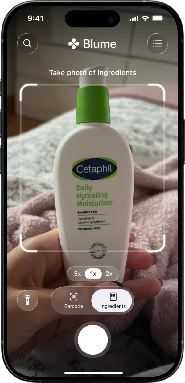 Glow scanning a Cetaphil bottle in the camera viewfinder